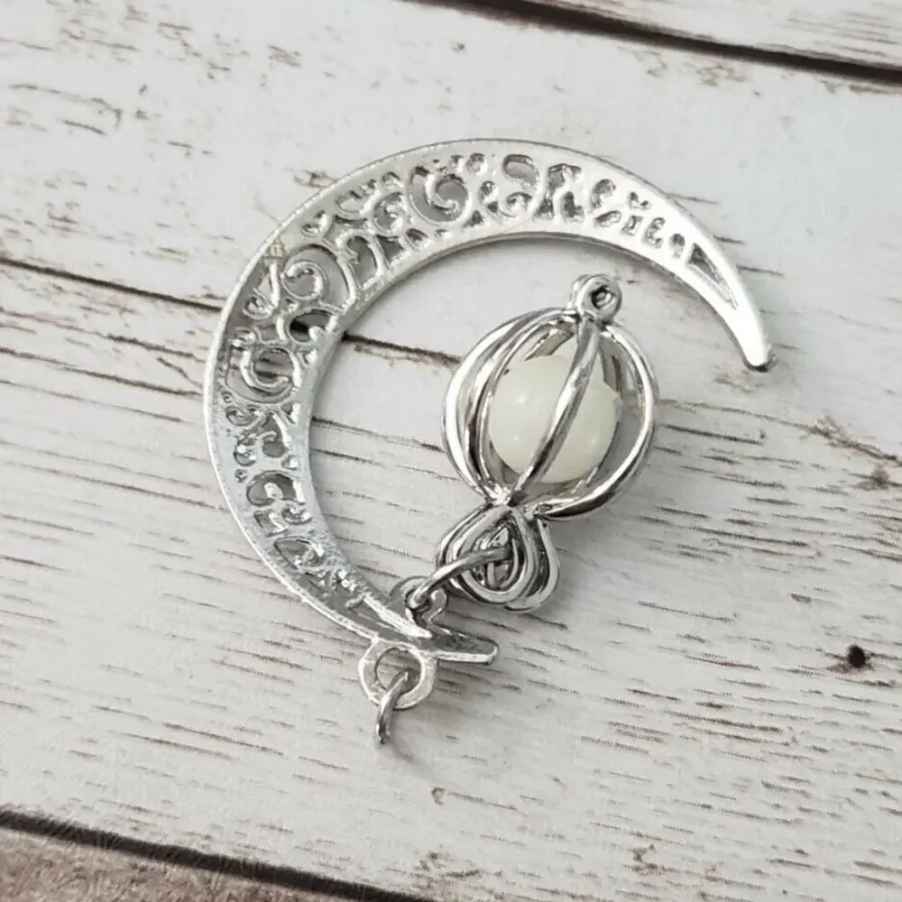 Moon Pendant with Bead Dangle Ornate Silver Tone (No Chain Included)
